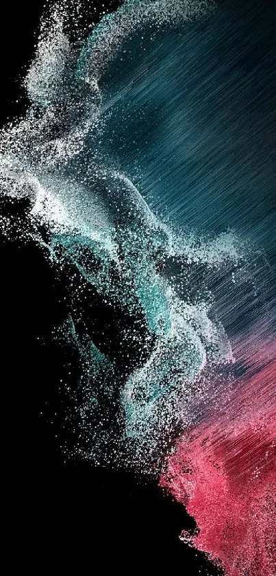 Dynamic abstract wallpaper with pink, teal particles on black background.