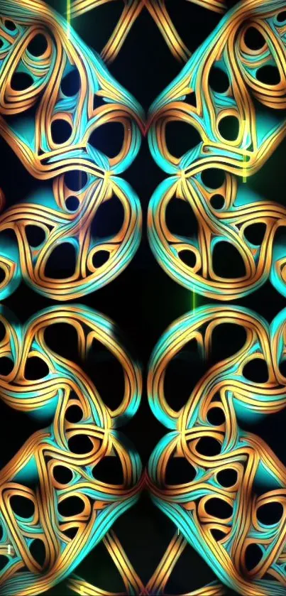 Intricate abstract design with golden and turquoise pattern for mobile wallpaper.