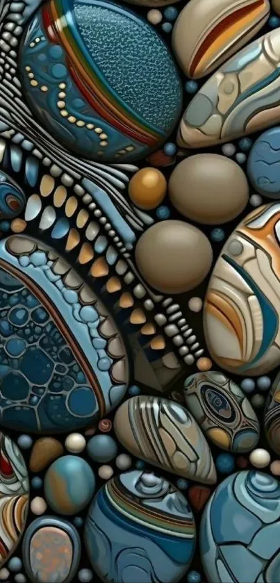 Abstract pebbles design with blue tones and intricate patterns for mobile wallpaper.