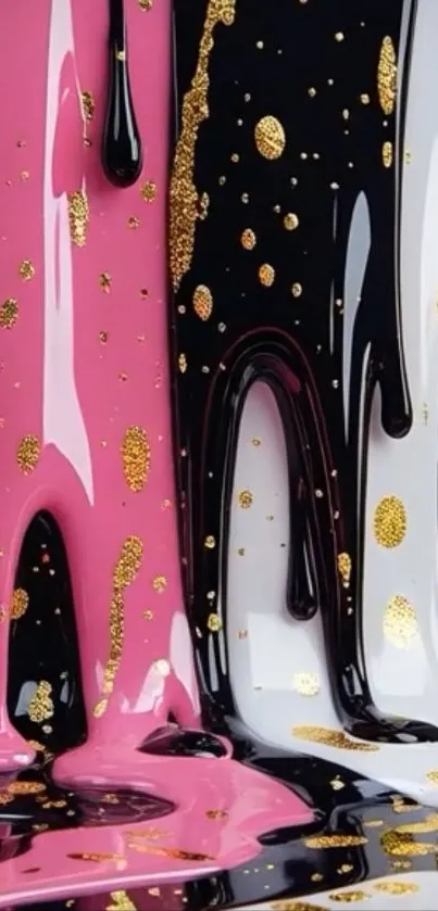 Abstract pink, black, and white paint with gold accents.