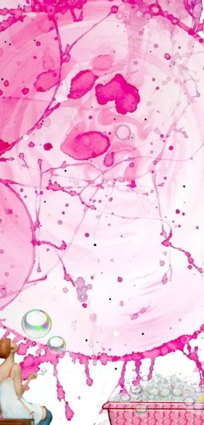 Whimsical pink abstract art with bubbles for mobile wallpaper.