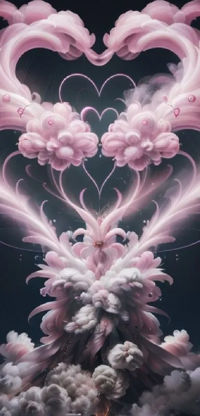 Abstract pink clouds forming heart shape on dark background.