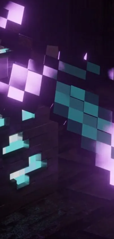 Abstract pixelated wallpaper in neon purple and teal colors.