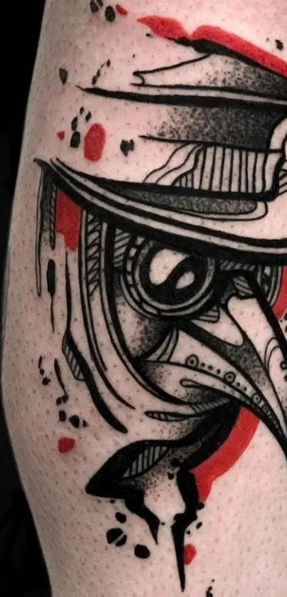 Abstract black and red Plague Doctor tattoo art design.