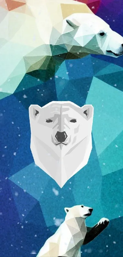 Abstract geometric polar bear wallpaper in vibrant blues and purples.