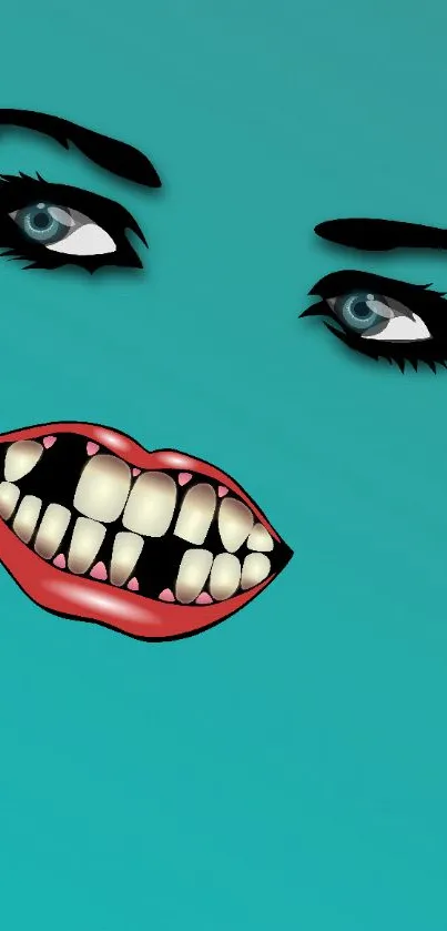 Pop art design with striking eyes and mouth on a teal background.