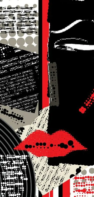 Vibrant abstract pop art wallpaper in black, red, and white tones.