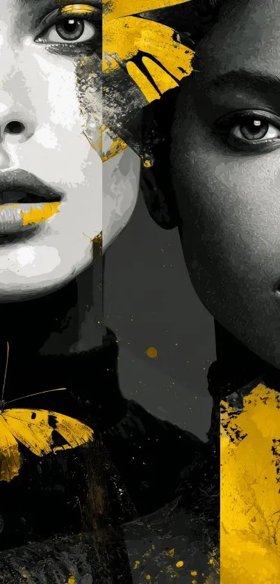 Abstract portrait with yellow butterflies design.