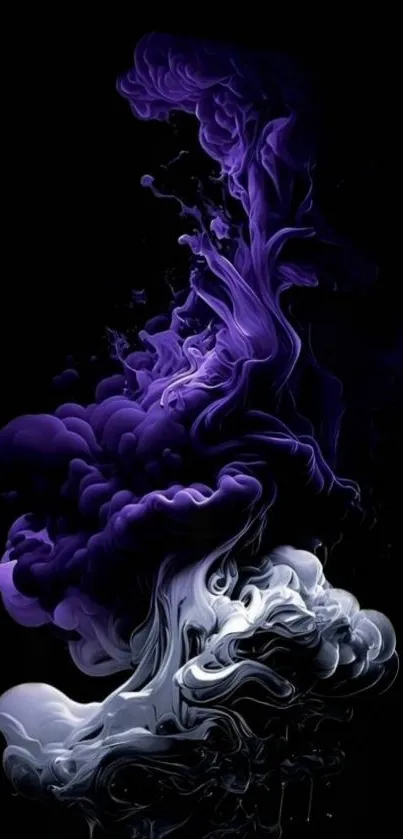 Abstract wallpaper with purple and white swirling smoke on a dark background.