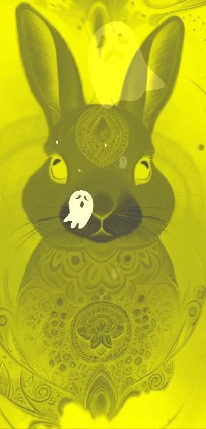 Surreal rabbit with ghost on yellow background.