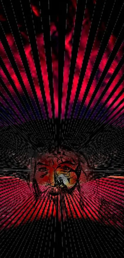 Abstract wallpaper with radiant face and red hues, ideal for mobile screens.