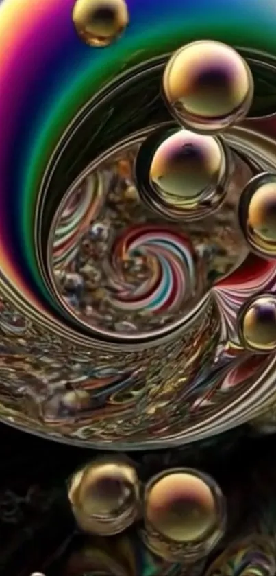 Abstract rainbow swirl with gold bubbles.