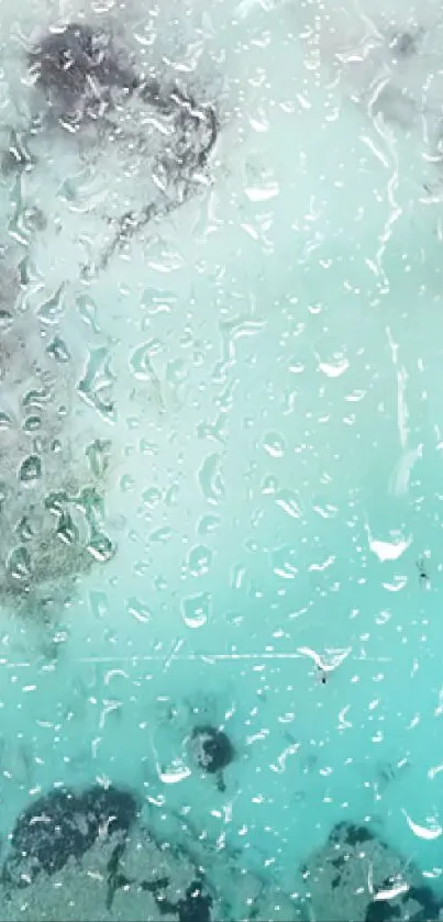 Abstract turquoise raindrop wallpaper with textured glass surface.