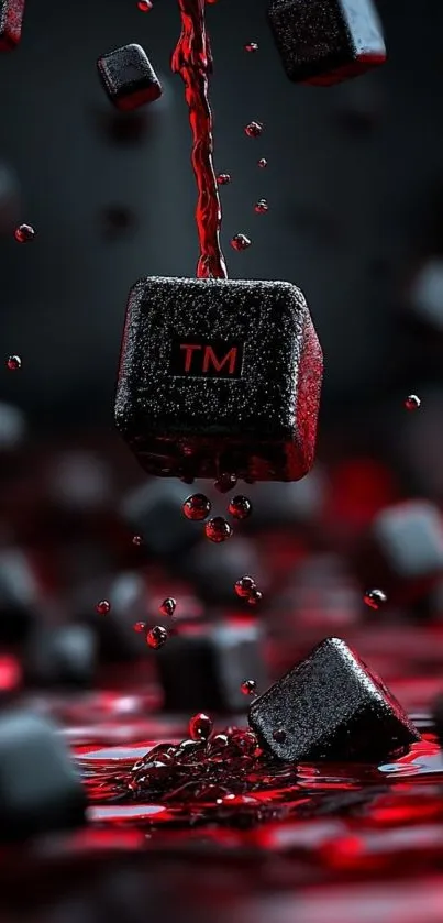 Abstract red and black floating cubes wallpaper.