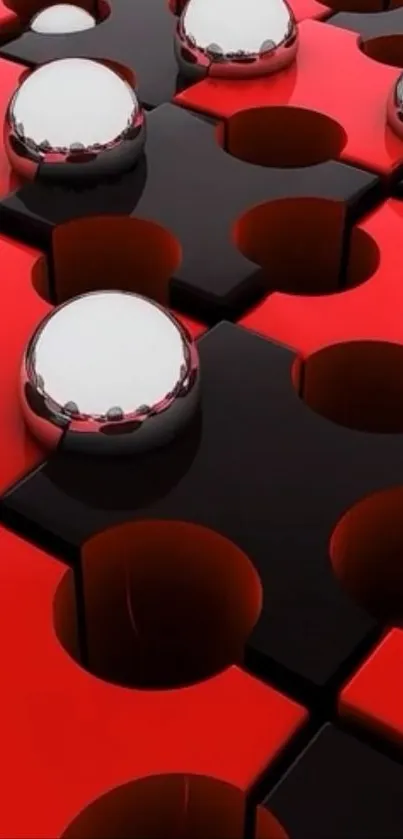 Abstract red and black geometric design with reflective spheres.