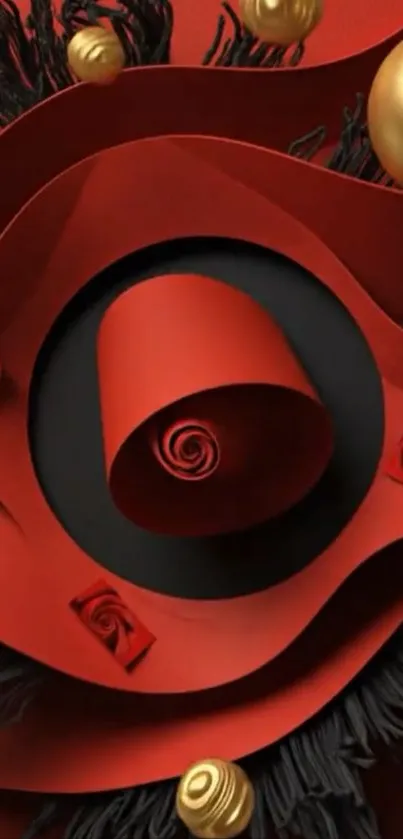 Abstract wallpaper with red and gold circular designs.