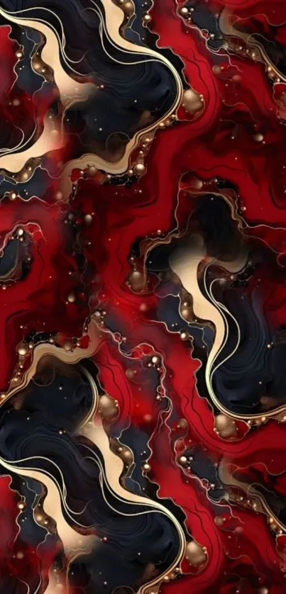 Abstract red and gold wavy mobile wallpaper design.