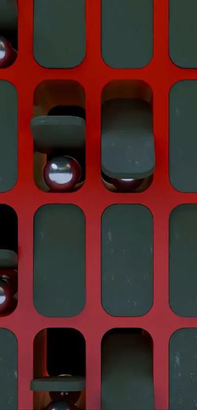 Abstract red and gray geometric design with metallic spheres.