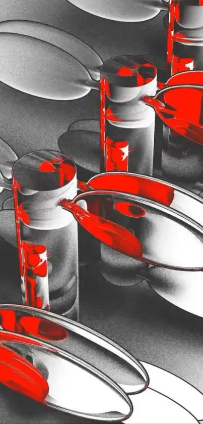 Abstract artwork with red and silver circular design.