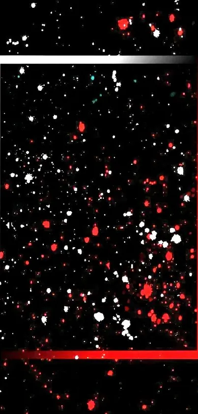 Abstract red and black wallpaper with geometric frame and splatter design.