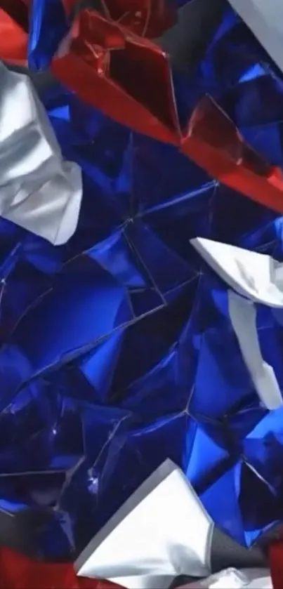 Vibrant abstract red, blue, and silver crumpled texture design.