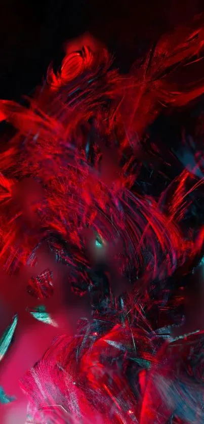 Abstract red brush strokes with teal hues on a dark background.