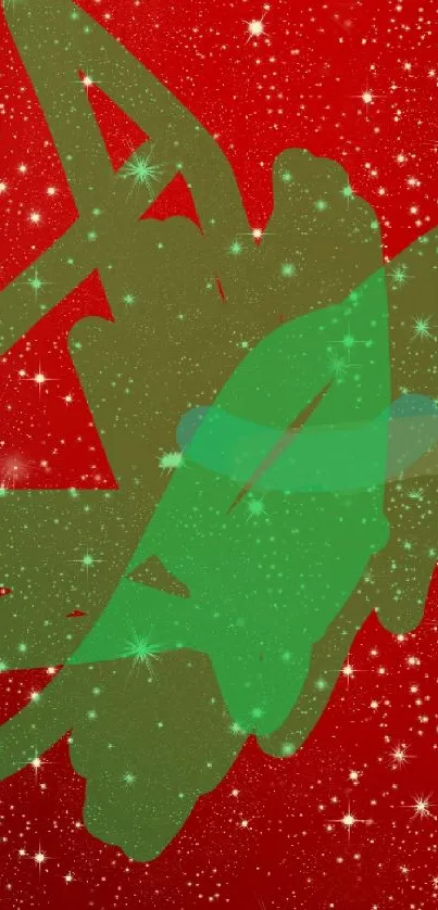 Abstract red galaxy wallpaper with green shape.