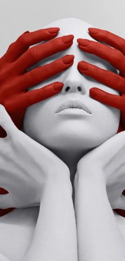 Abstract wallpaper with red hands on grayscale face.