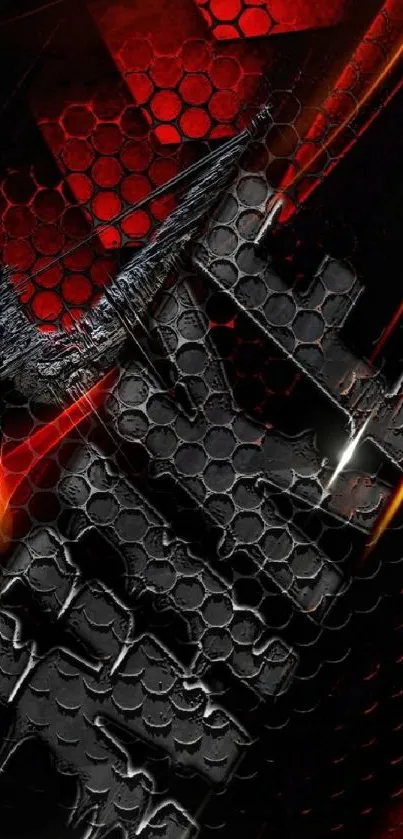 Abstract hexagon pattern with red and black metallic textures.