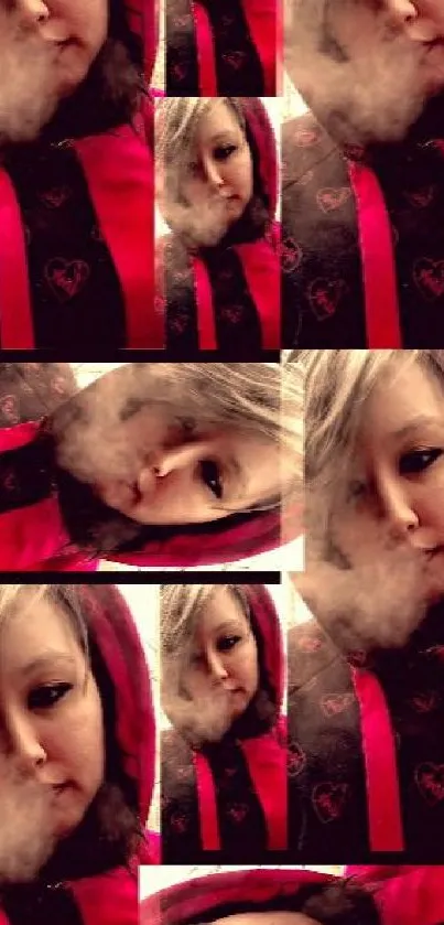 Collage of a person in a red hoodie with a smoky effect.