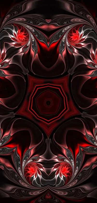 Abstract red kaleidoscope wallpaper with intricate patterns.