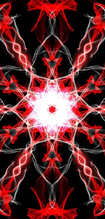 Abstract red kaleidoscope art wallpaper with symmetrical patterns.