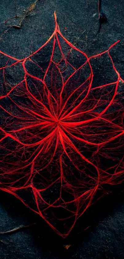 Abstract red leaf pattern with intricate design on a dark background.