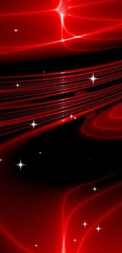 Abstract red wallpaper with swirling lights and stars.