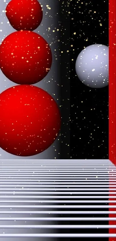 Abstract wallpaper with red spheres and geometric lines.