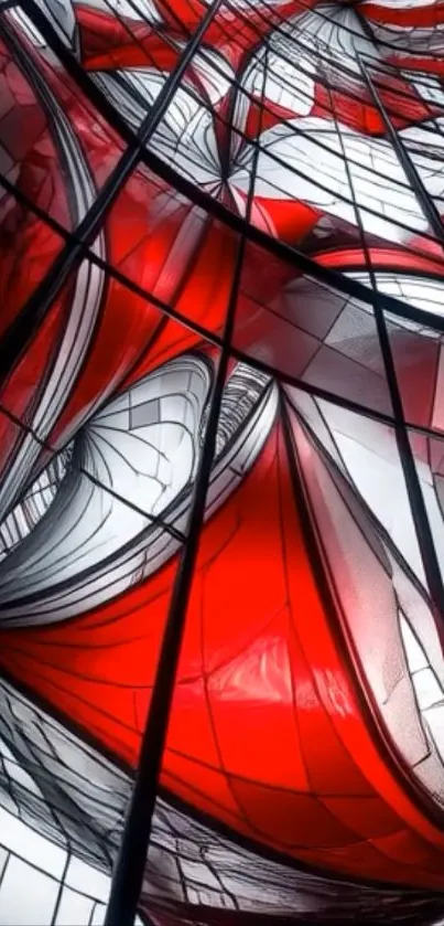 Abstract red and white stained glass design.