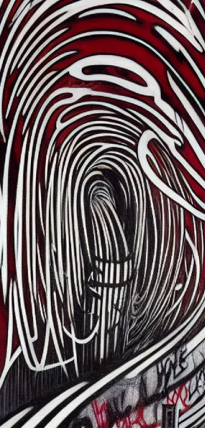 Abstract tunnel in red with swirling white lines.