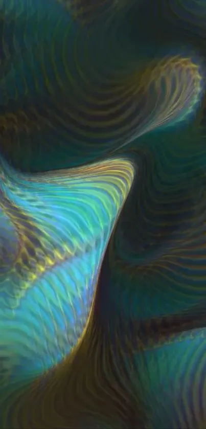 Abstract ripple art wallpaper with vibrant blue and gold wavy patterns.