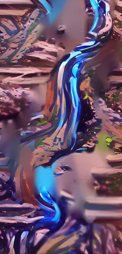 Abstract wallpaper featuring a blue river flowing through surreal landscapes.