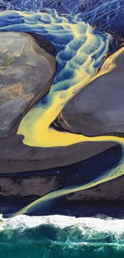 Aerial view of a colorful winding river in abstract design.