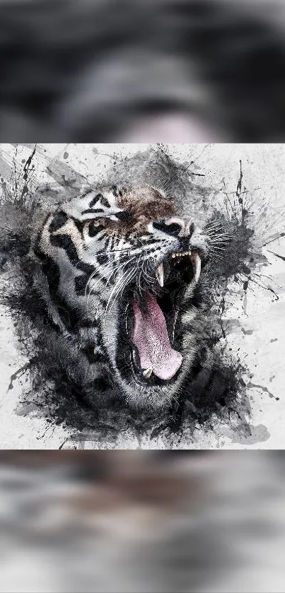 Abstract roaring tiger art with grayscale and splashes of color.