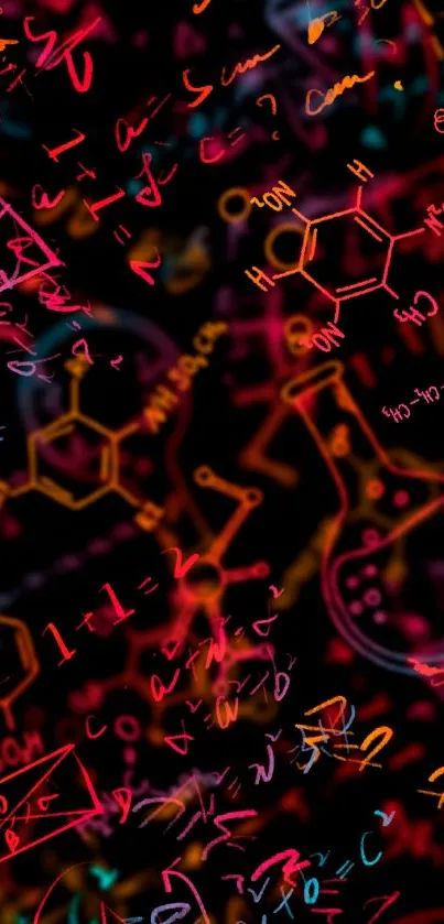 Colorful abstract science wallpaper with equations and molecules.