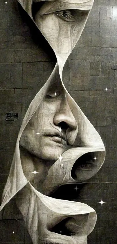 Intricate abstract sculpture of human faces on a textured gray background.