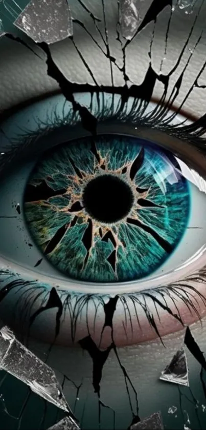 A hyper-realistic wallpaper of a shattered eye in teal and black tones.