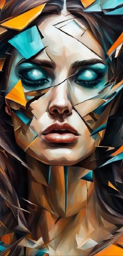 Vibrant abstract shattered face wallpaper in teal and orange hues.