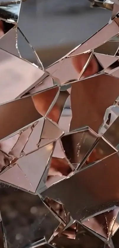 Shattered mirror surface creating abstract art in copper tones.