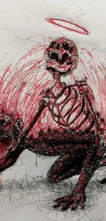 Abstract drawing of a red skeleton with a halo.