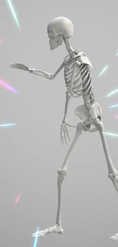 3D skeleton with colorful neon rays on gray background.