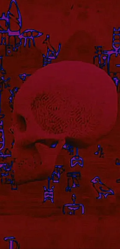 Abstract red skull art with intricate designs.
