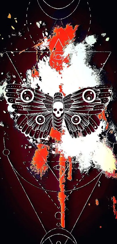 Abstract design with skull and butterfly in geometric patterns on dark background.